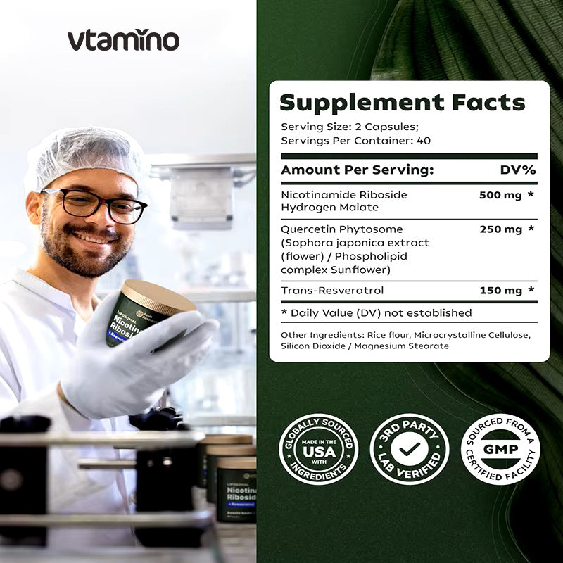 vtamino NAD+ Booster Capsules – Daily Antioxidant Support with Nicotinamide Riboside, Resveratrol & Quercetin for Skin Brightening & Cellular Renewal