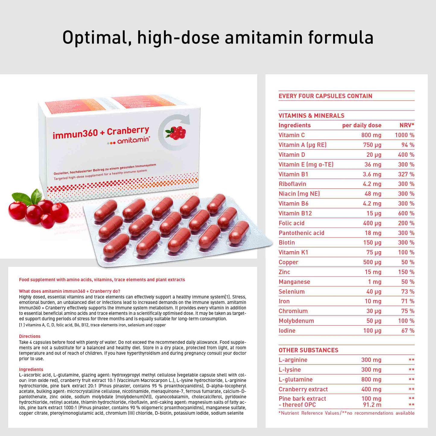 amitamin® immun360 + Cranberry-Boosts Immune System Naturally-From Germany (30 Days Supply)