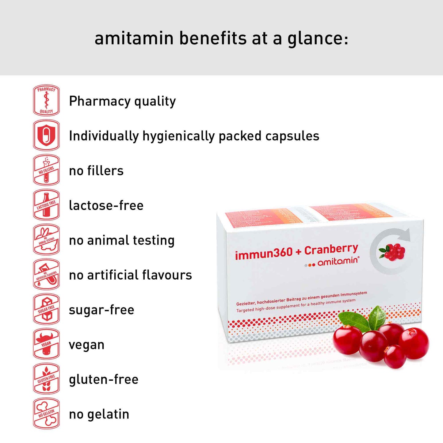 amitamin® immun360 + Cranberry-Boosts Immune System Naturally-From Germany (30 Days Supply)
