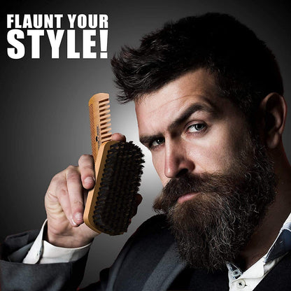 Beard Brush For Men - Beard Comb Set w/Mustache Scissors Grooming Kit, Natural Boar Bristle Brush, Dual Action Wood Comb, And Travel Bag Great For Christmas Gift