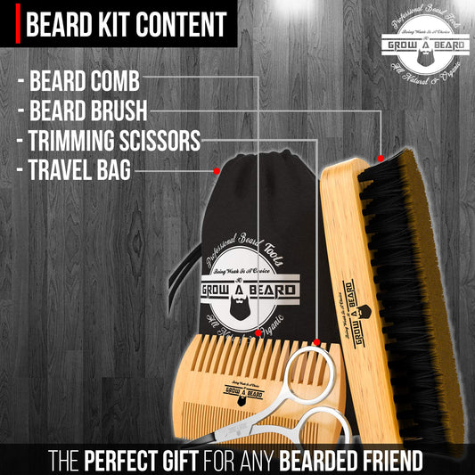 Beard Brush For Men - Beard Comb Set w/Mustache Scissors Grooming Kit, Natural Boar Bristle Brush, Dual Action Wood Comb, And Travel Bag Great For Christmas Gift