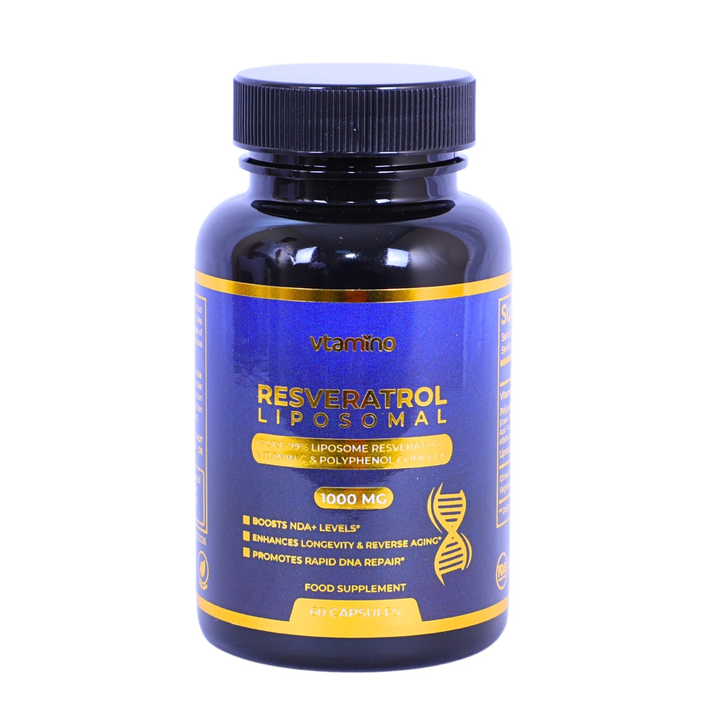 فيتامينو ريسفيراترول ليبوسوم نقي 99% مع فيتامين سي ومركب البوليفينول - يعزز مستويات NAD+ لعكس الشيخوخة وإطالة العمر (كمية تكفي شهرًا واحدًا)