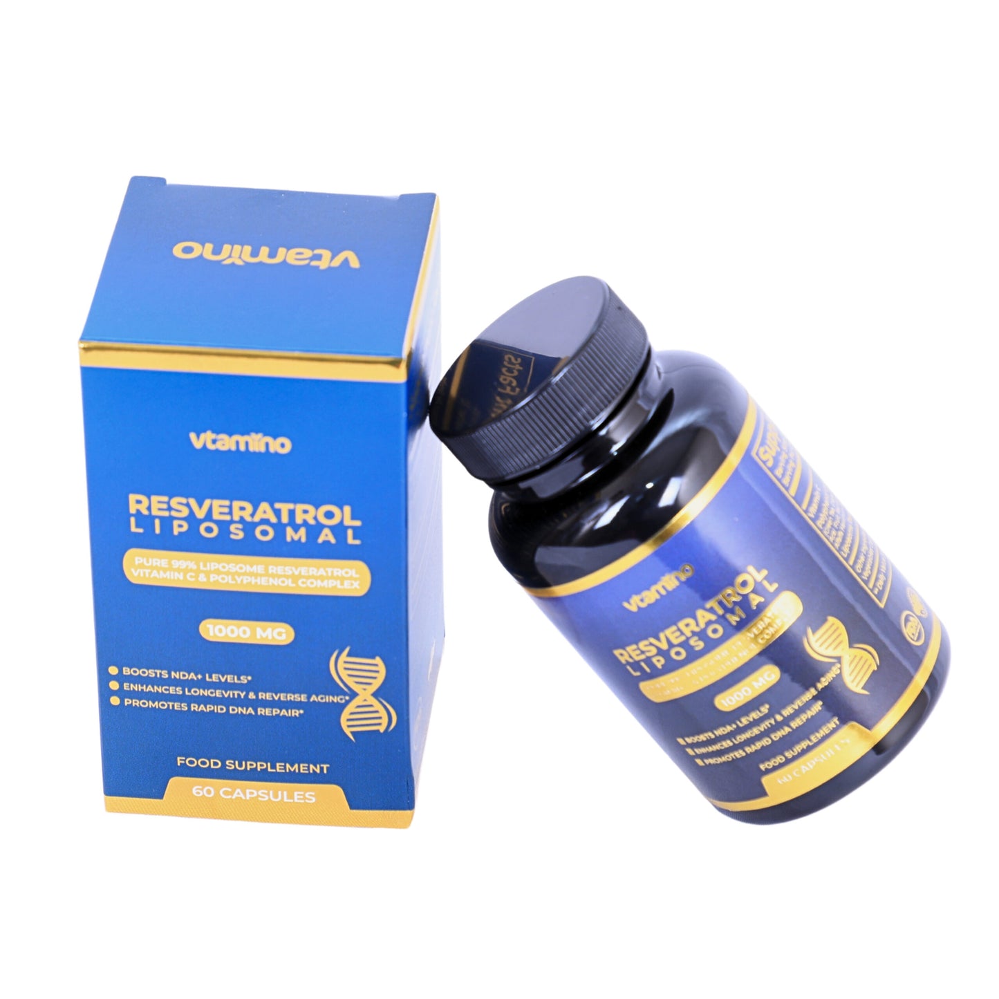 فيتامينو ريسفيراترول ليبوسوم نقي 99% مع فيتامين سي ومركب البوليفينول - يعزز مستويات NAD+ لعكس الشيخوخة وإطالة العمر (كمية تكفي شهرًا واحدًا)