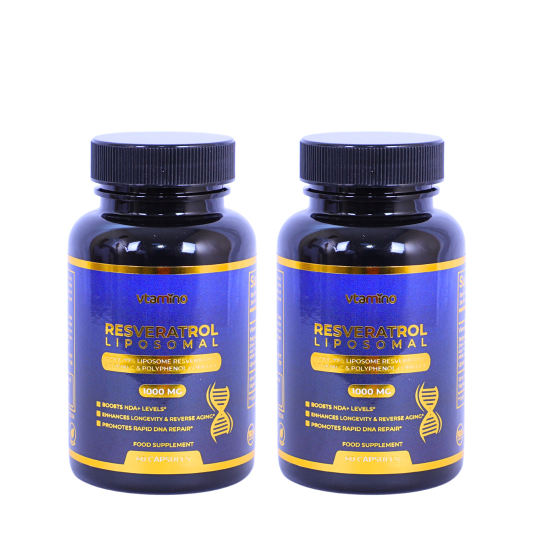 فيتامينو ريسفيراترول ليبوسوم نقي 99% مع فيتامين سي ومركب البوليفينول - يعزز مستويات NAD+ لعكس الشيخوخة وإطالة العمر (كمية تكفي شهرًا واحدًا)