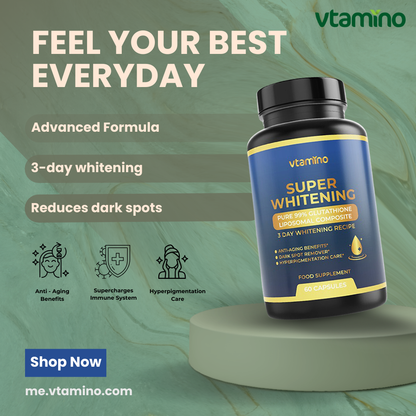 vtamino Superwhitening- Pure 99% Liposomal Glutathione Supplement with Collagen & Vitamin C-The Ultimate Skin Tone Formula (1 Month Supply)