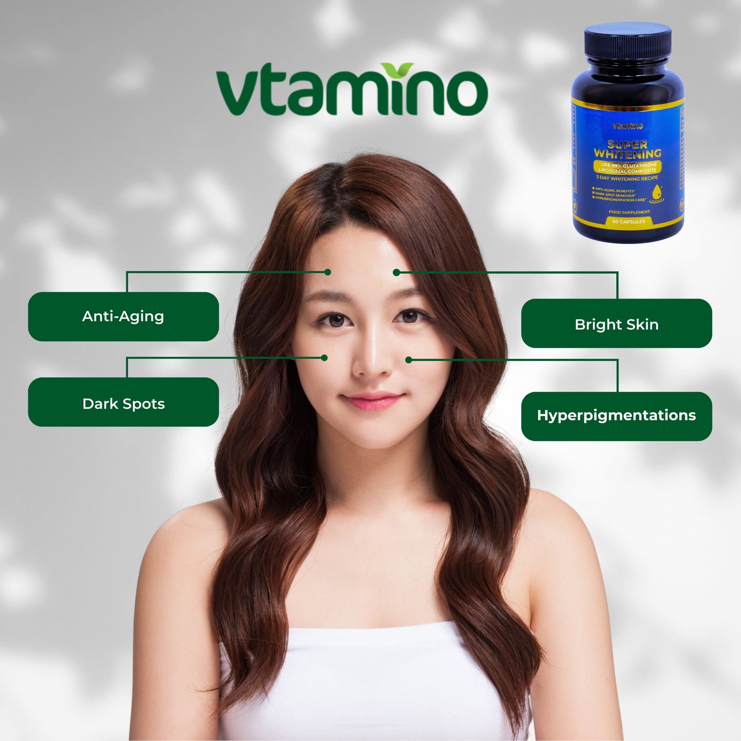 vtamino Superwhitening- Pure 99% Liposomal Glutathione Supplement with Collagen & Vitamin C-The Ultimate Skin Tone Formula (1 Month Supply)